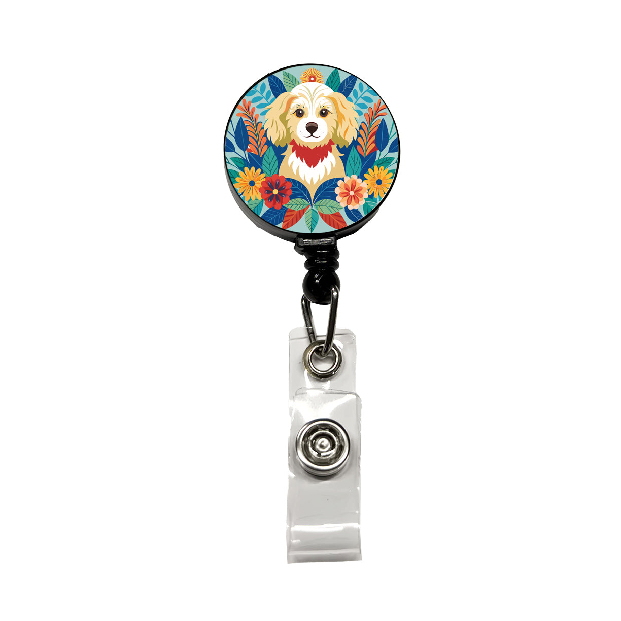 Cavapoo Floral Motif Dog Blue Retractable ID Key Card Name Tag Badge Holder with Clip