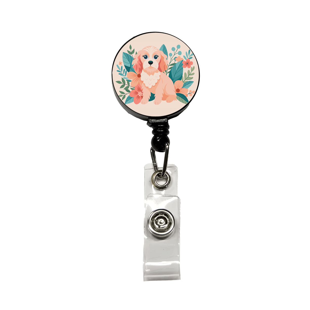 Cavapoo Floral Motif Pink Dog Retractable ID Key Card Name Tag Badge Holder with Clip