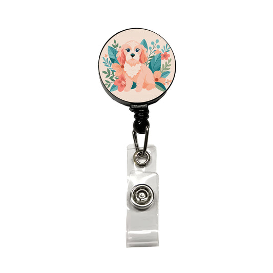 Cavapoo Floral Motif Pink Dog Retractable ID Key Card Name Tag Badge Holder with Clip