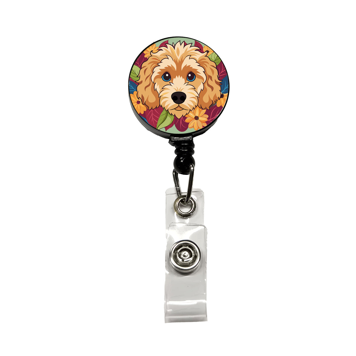 Cavapoo Head Floral Motif Dog Retractable ID Key Card Name Tag Badge Holder with Clip