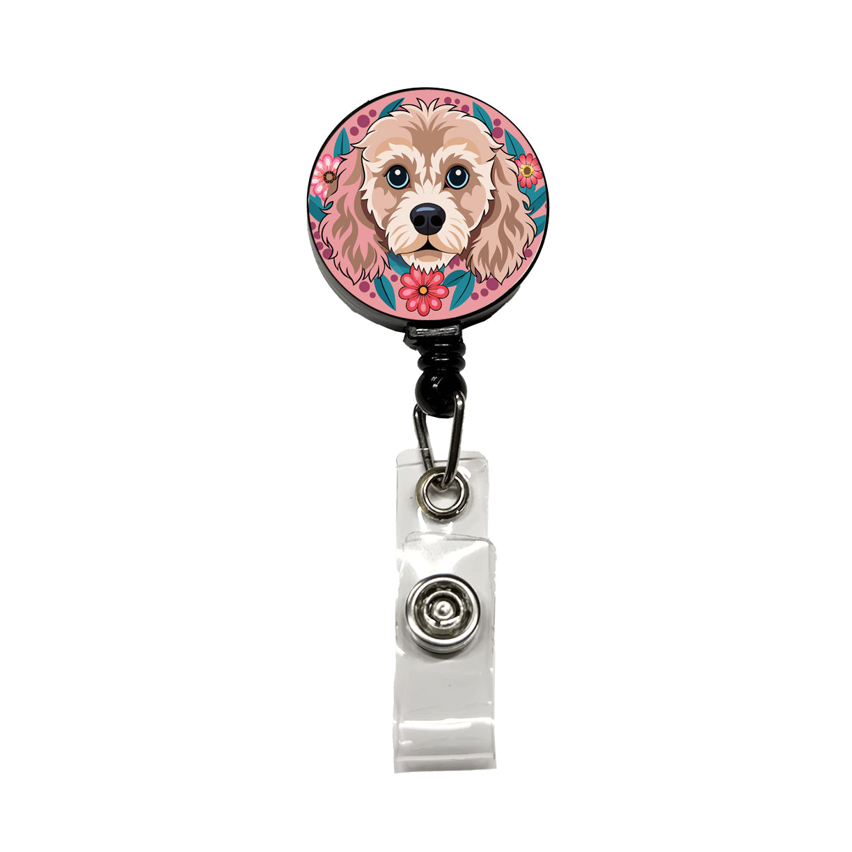 Cavapoo Head Floral Motif Pink Dog Retractable ID Key Card Name Tag Badge Holder with Clip