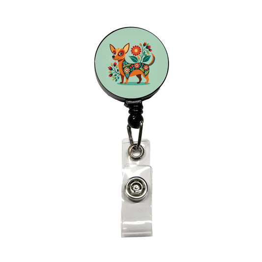 Chiweenie Floral Motif Cute Dog Retractable ID Key Card Name Tag Badge Holder with Clip