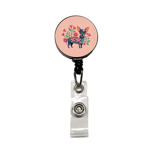 Chiweenie Floral Motif Pink Cute Dog Retractable ID Key Card Name Tag Badge Holder with Clip