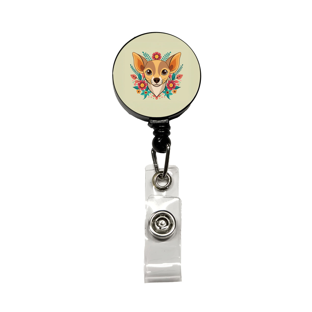 Chiweenie Head Floral Motif Dog Retractable ID Key Card Name Tag Badge Holder with Clip
