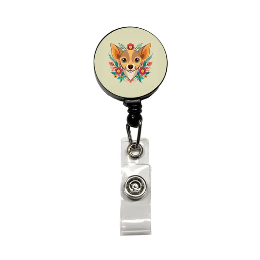 Chiweenie Head Floral Motif Dog Retractable ID Key Card Name Tag Badge Holder with Clip