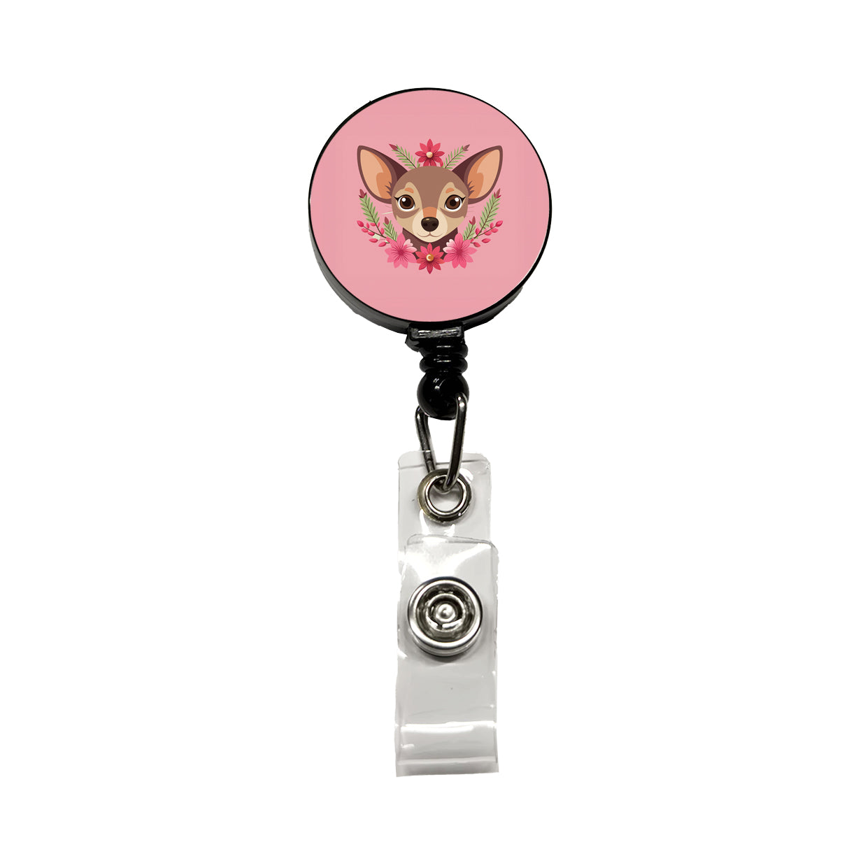 Chiweenie Head Floral Motif Pink Dog Retractable ID Key Card Name Tag Badge Holder with Clip