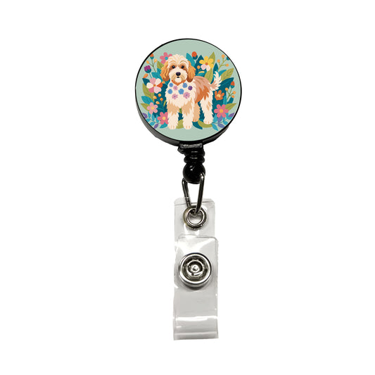 Cockapoo Floral Motif Dog Retractable ID Key Card Name Tag Badge Holder with Clip