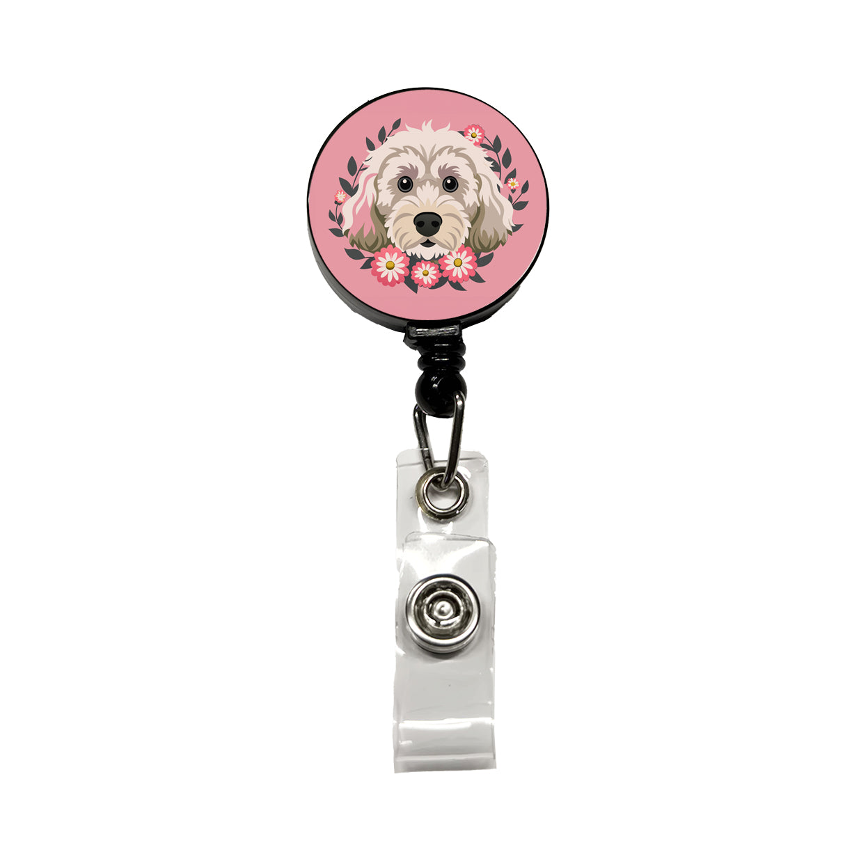 Cockapoo Head Floral Motif Light Pink Dog Retractable ID Key Card Name Tag Badge Holder with Clip