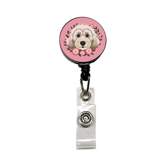 Cockapoo Head Floral Motif Light Pink Dog Retractable ID Key Card Name Tag Badge Holder with Clip