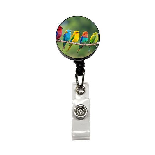 Colorful Birds In A Row Retractable ID Key Card Name Tag Badge Holder with Clip