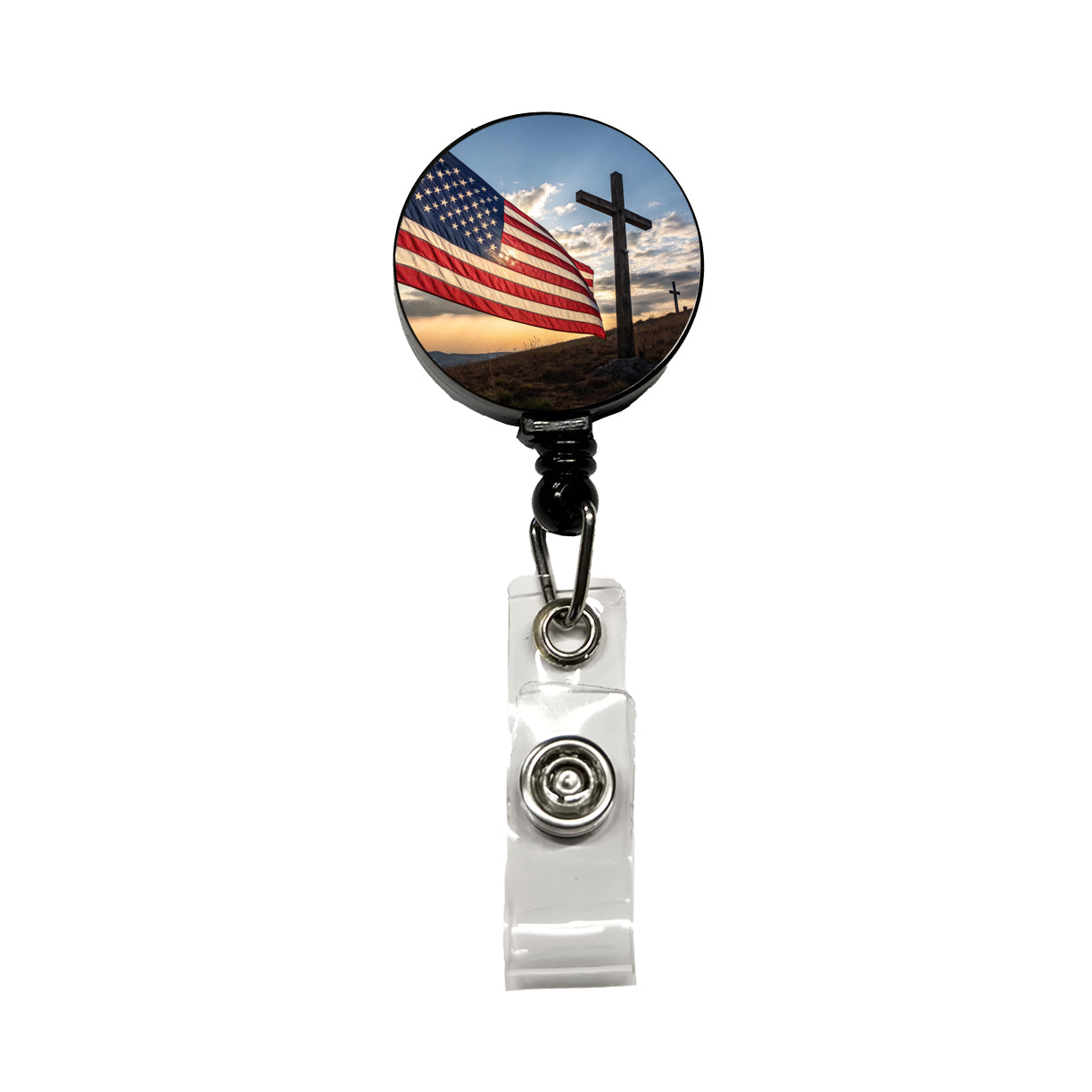 Cross Over American Flag USA United States Religious Retractable ID Key Card Name Tag Badge Holder with Clip