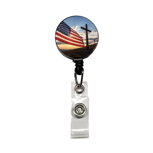 Cross Over American Flag USA United States Religious Retractable ID Key Card Name Tag Badge Holder with Clip