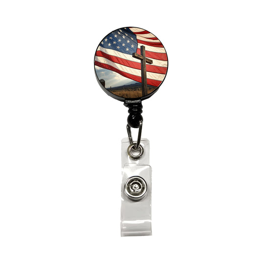 Cross Over American Flag USA United States Retractable ID Key Card Name Tag Badge Holder with Clip