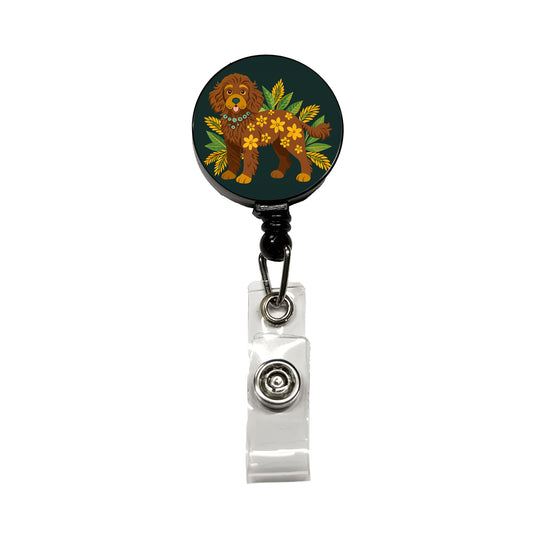 Dark Brown Golden Doodle Floral Motif Green Dog Retractable ID Key Card Name Tag Badge Holder with Clip