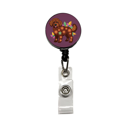 Dark Brown Golden Doodle Floral Motif Purple Dog Retractable ID Key Card Name Tag Badge Holder with Clip