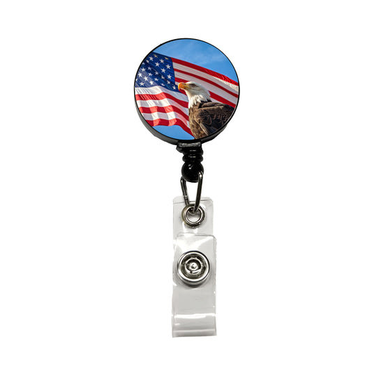 Eagle And American Flag USA United States Patriotic Retractable ID Key Card Name Tag Badge Holder with Clip