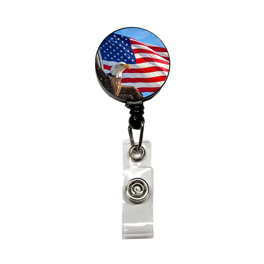 Eagle And American Flag USA United States Retractable ID Key Card Name Tag Badge Holder with Clip