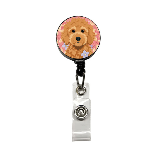 Golden Doodle Brown Head Floral Motif Pink Dog Retractable ID Key Card Name Tag Badge Holder with Clip