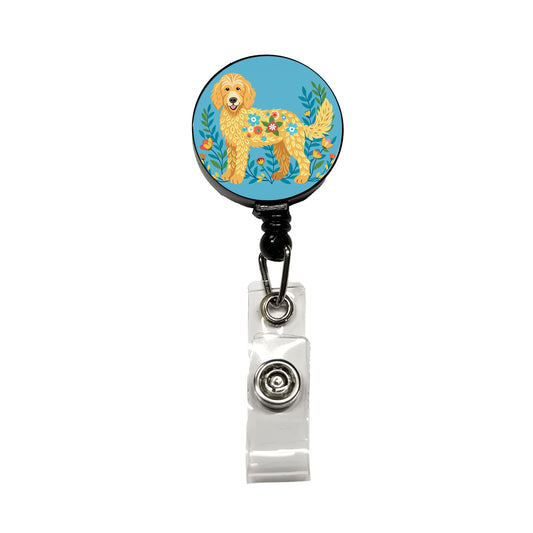 Golden Doodle Floral Motif Blue Dog Retractable ID Key Card Name Tag Badge Holder with Clip