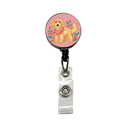 Golden Doodle Floral Motif Pink Dog Retractable ID Key Card Name Tag Badge Holder with Clip