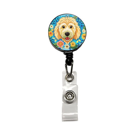 Golden Doodle Head Floral Motif Blue Background Dog Retractable ID Key Card Name Tag Badge Holder with Clip