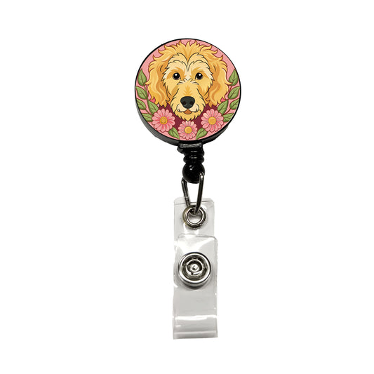 Golden Doodle Head Floral Motif Pink Dog Retractable ID Key Card Name Tag Badge Holder with Clip