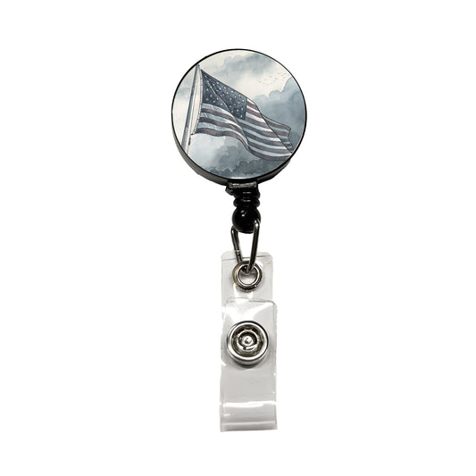 Gray American Flag Watercolor USA United States Retractable ID Key Card Name Tag Badge Holder with Clip