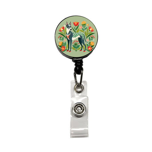 Great Dane Floral Motif Dog Standing Retractable ID Key Card Name Tag Badge Holder with Clip