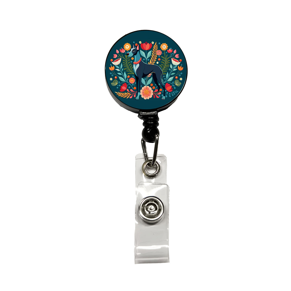 Great Dane Floral Motif Dog Retractable ID Key Card Name Tag Badge Holder with Clip