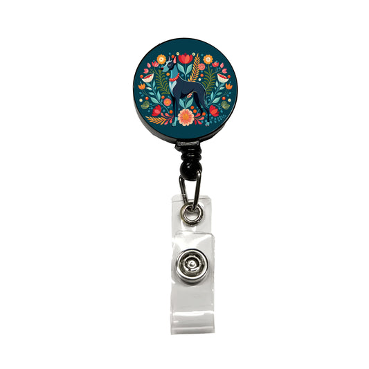 Great Dane Floral Motif Dog Retractable ID Key Card Name Tag Badge Holder with Clip
