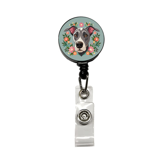 Great Dane Head Floral Motif Gray Dog Retractable ID Key Card Name Tag Badge Holder with Clip