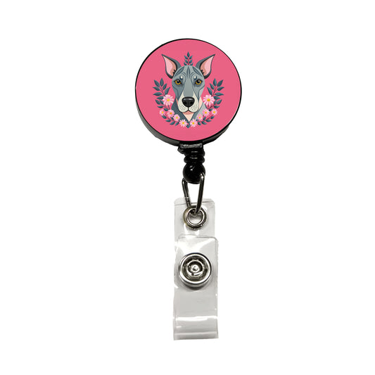 Great Dane Head Floral Motif Pink Background Dog Retractable ID Key Card Name Tag Badge Holder with Clip