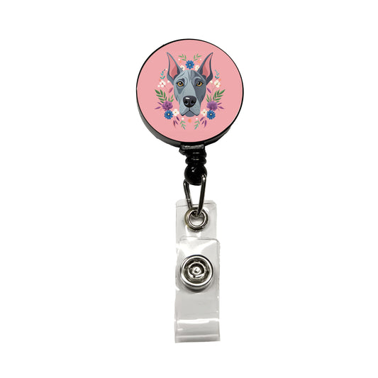Great Dane Head Floral Motif Pink Dog Retractable ID Key Card Name Tag Badge Holder with Clip