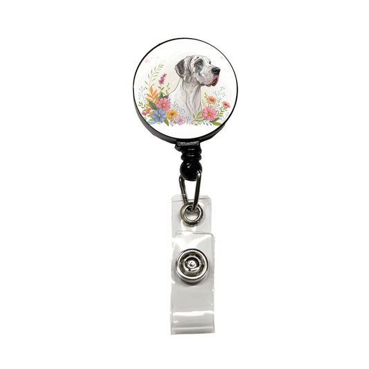 Great Dane Floral Motif Dog Light Retractable ID Key Card Name Tag Badge Holder with Clip