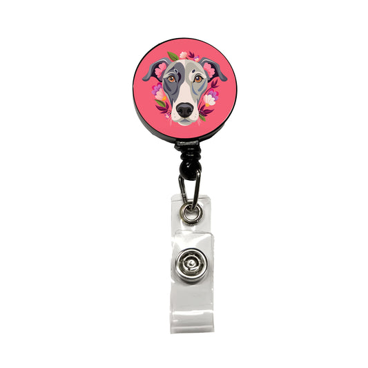 Great Dane Head Floral Pink Dog Retractable ID Key Card Name Tag Badge Holder with Clip