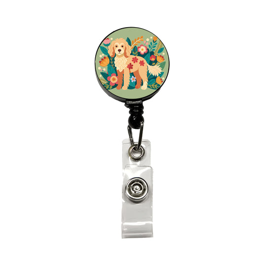 Labradoodle Floral Motif Dog Retractable ID Key Card Name Tag Badge Holder with Clip