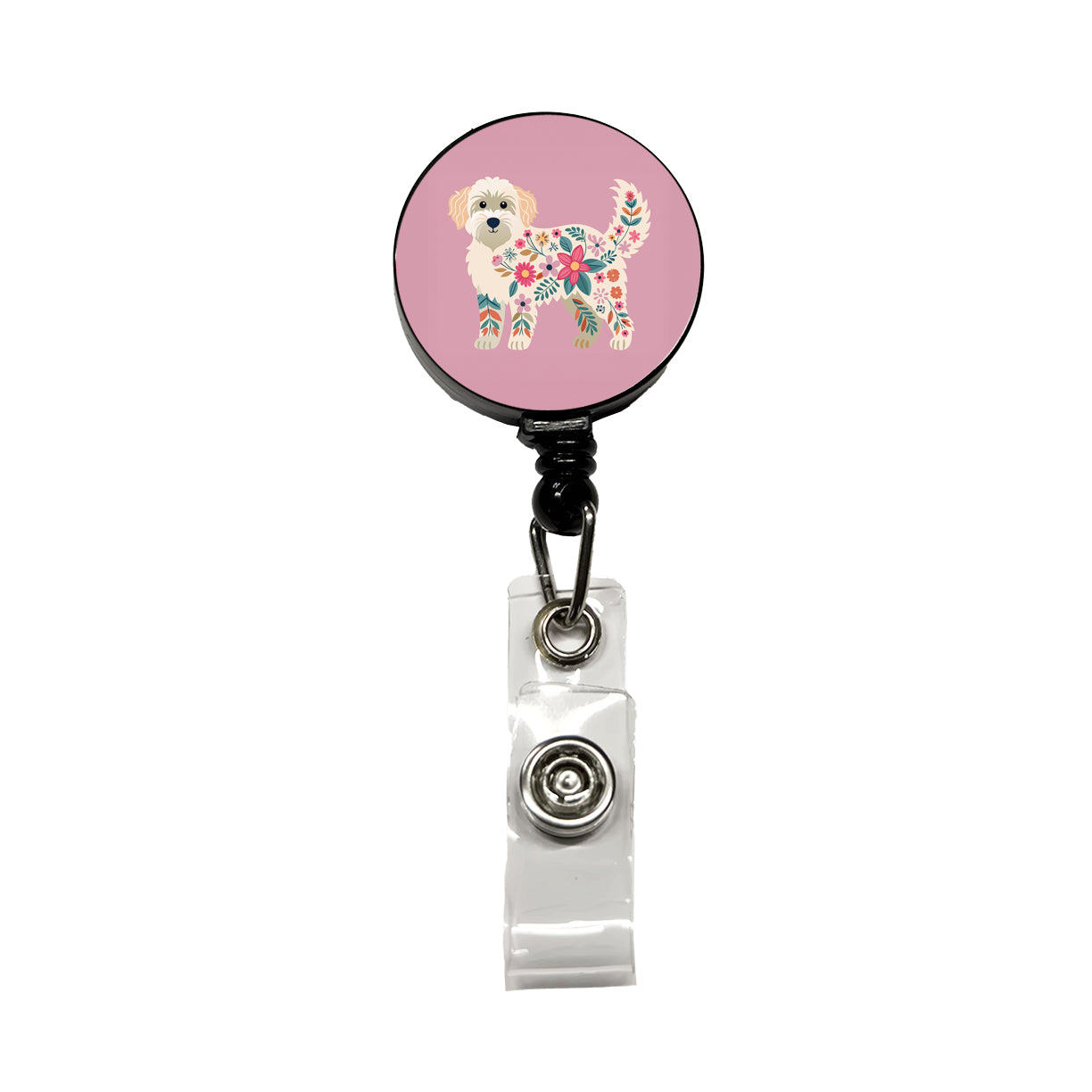 Labradoodle Floral Motif Pink Cute Dog Retractable ID Key Card Name Tag Badge Holder with Clip