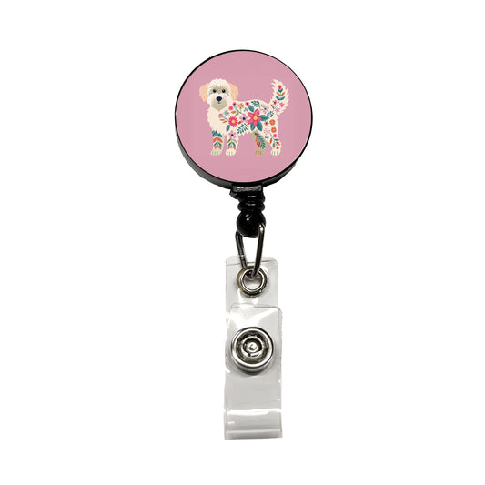 Labradoodle Floral Motif Pink Cute Dog Retractable ID Key Card Name Tag Badge Holder with Clip