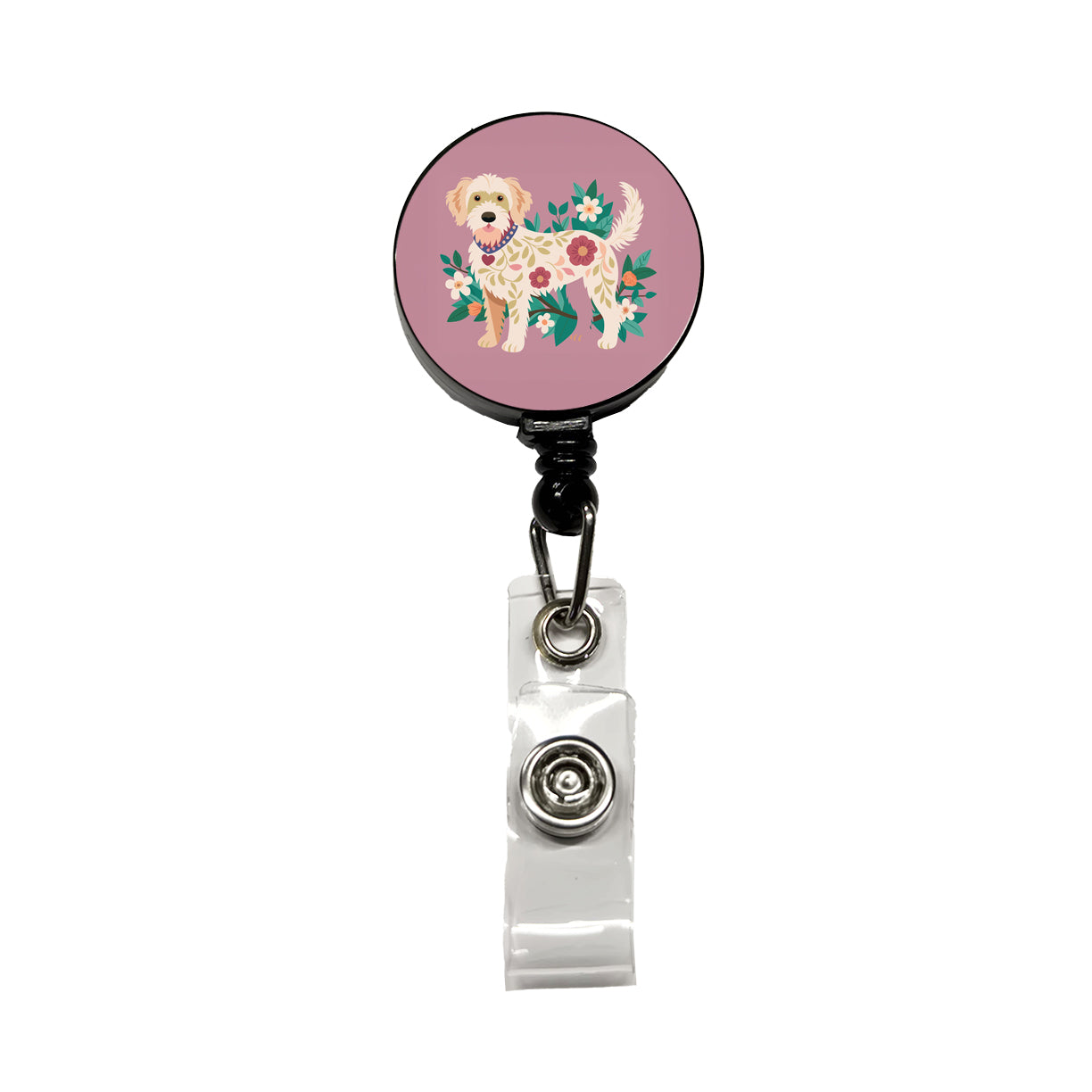 Labradoodle Floral Motif Standing Dog Retractable ID Key Card Name Tag Badge Holder with Clip