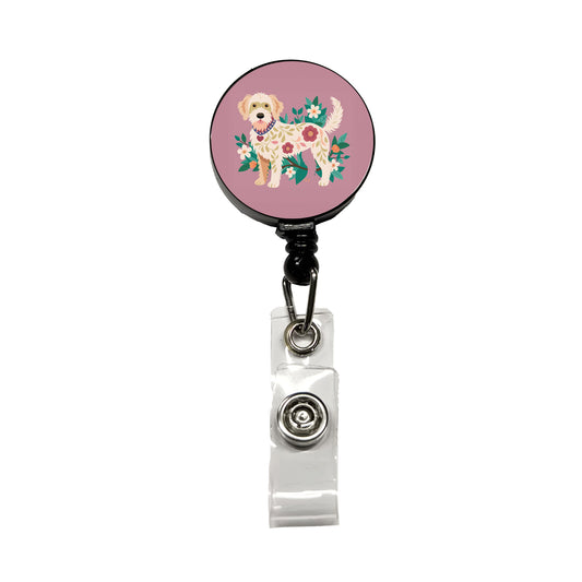 Labradoodle Floral Motif Standing Dog Retractable ID Key Card Name Tag Badge Holder with Clip
