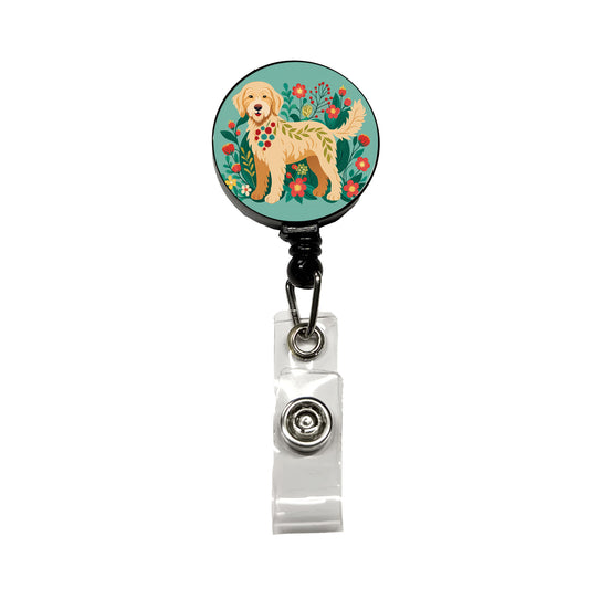 Labradoodle Floral Motif Tan Dog Retractable ID Key Card Name Tag Badge Holder with Clip