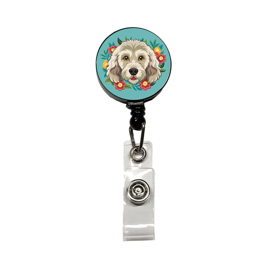 Labradoodle Head Floral Motif Dog Retractable ID Key Card Name Tag Badge Holder with Clip