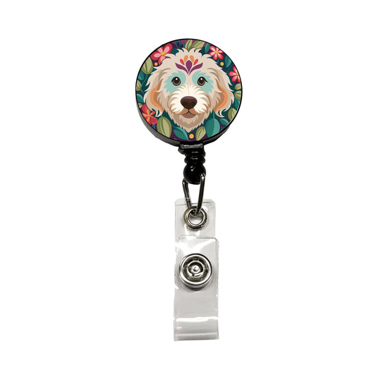 Labradoodle Head Floral Motif Purple Dog Retractable ID Key Card Name Tag Badge Holder with Clip