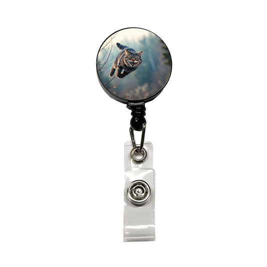 Leaping Funny Cat Grinning Retractable ID Key Card Name Tag Badge Holder with Clip
