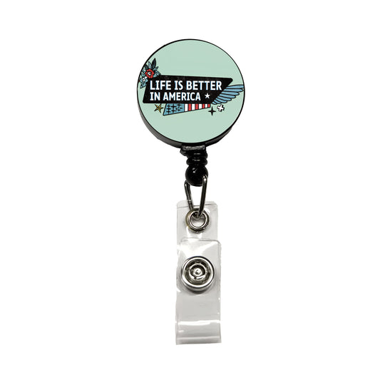 Life Is Better In America USA United States Retractable ID Key Card Name Tag Badge Holder with Clip