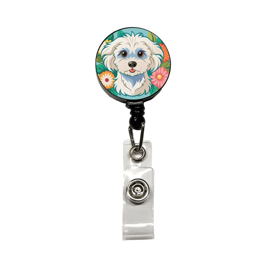 Maltipoo Floral Motif Dog Cute Retractable ID Key Card Name Tag Badge Holder with Clip