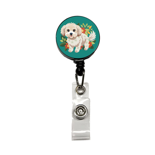 Maltipoo Floral Motif Dog Standing Retractable ID Key Card Name Tag Badge Holder with Clip