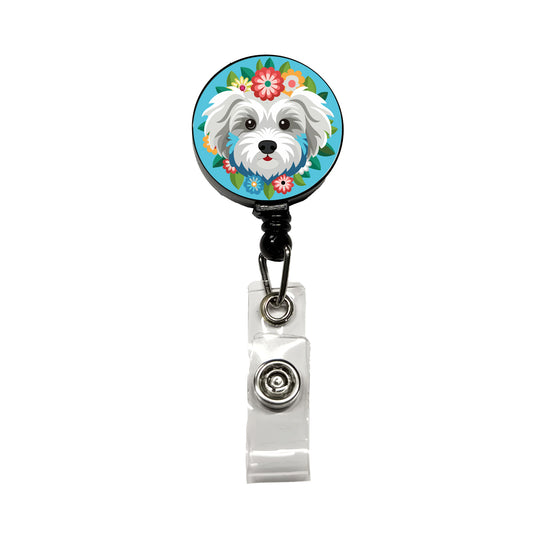 Maltipoo Head Floral Motif Blue Dog Retractable ID Key Card Name Tag Badge Holder with Clip