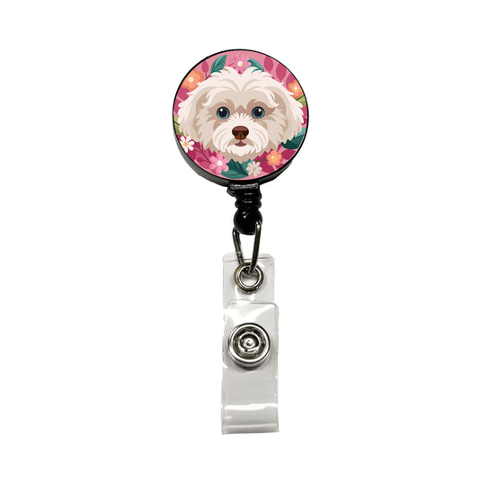 Maltipoo Head Floral Motif Pink Dog Retractable ID Key Card Name Tag Badge Holder with Clip