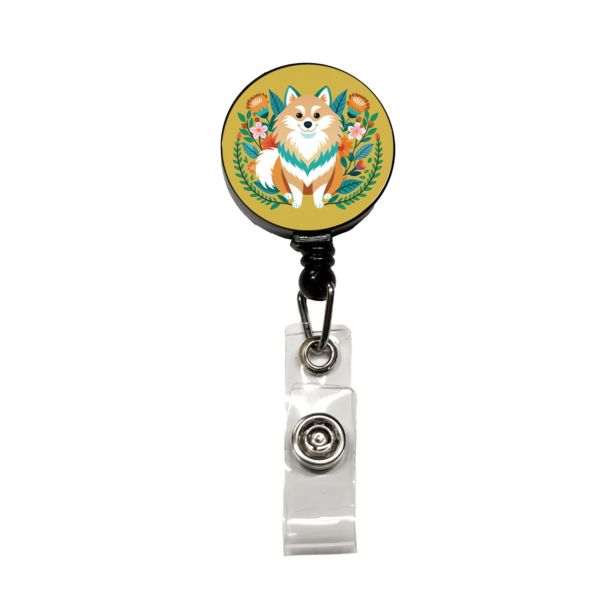 Pomsky Floral Motif Dog Retractable ID Key Card Name Tag Badge Holder with Clip